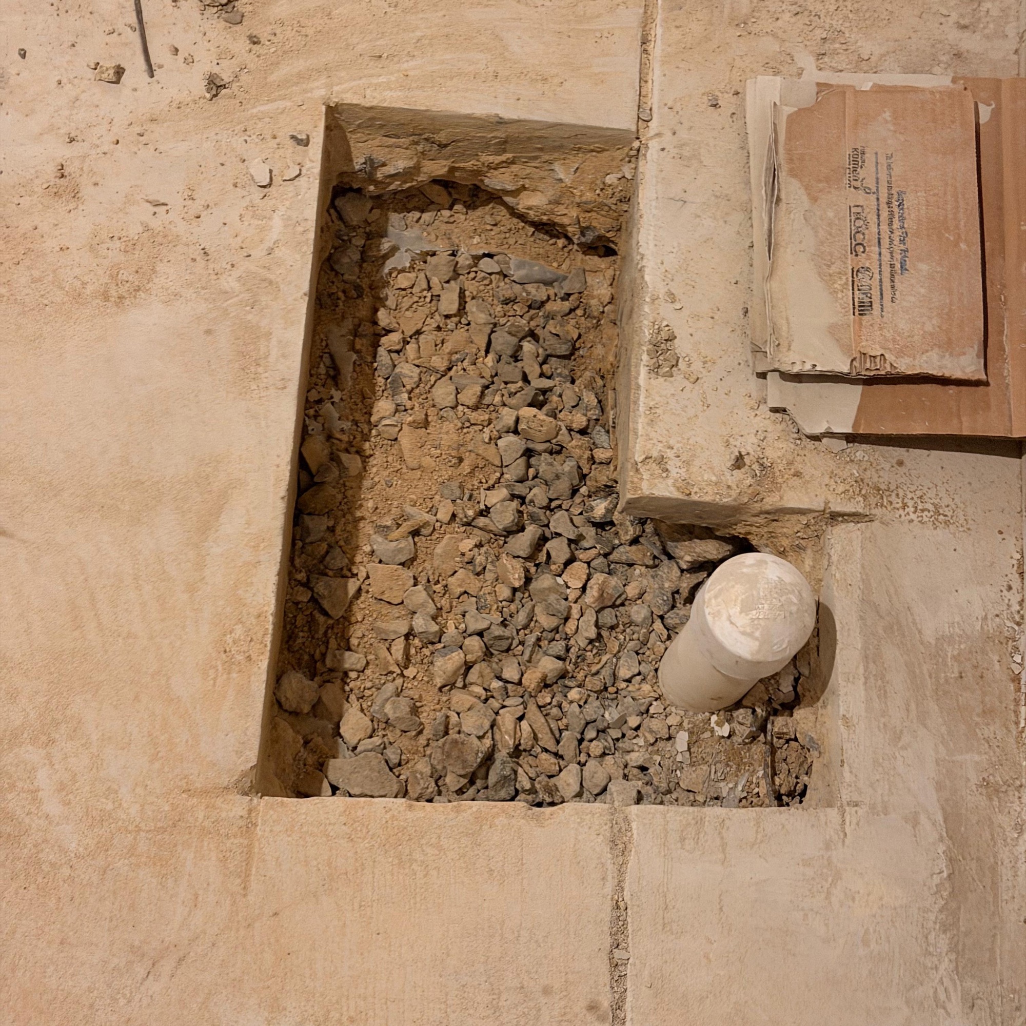 The concrete slab cut open with a relocated drain stub